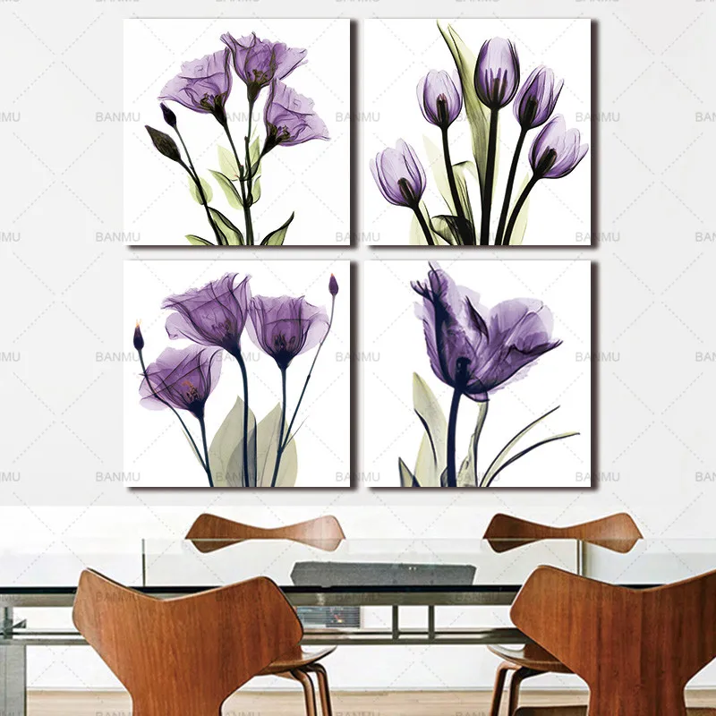 Печать на холсте настенная живопись BANMU 4 панели элегантный тюльпан фиолетовый цветок для декора гостиной и современные украшения для дома