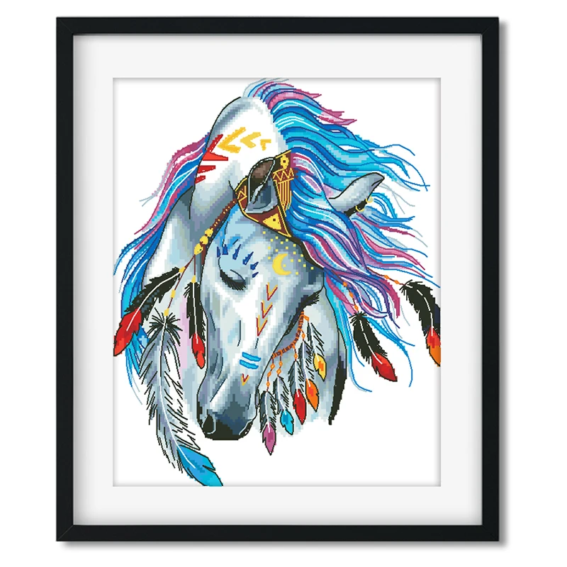 

Needlepoint Kits Embroidery Pattern Indian Animals Horse Cross Stitch Kits Wall Room Decor Framelss 11CT Printed Pattern
