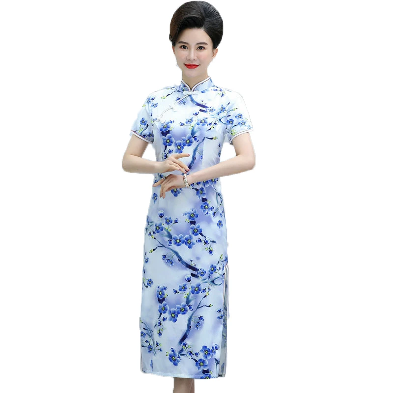 

Women Summer Cheongsam Dresses Mandarin Collar Silk Qipao Tunic Robe Femme Calf Length Side Split Silk Dress Classica One Piece