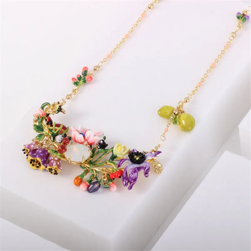 

Warmhome Trendy Jewelry Enamel Glaze Copper Fashion Flower Plants Series Various Flower Gems Women Necklace