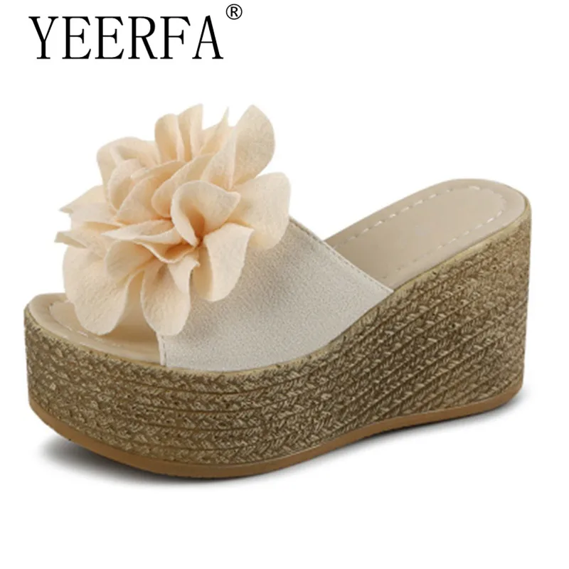 

YEERFA hot Summer Platform Wedges Flip Flops Women Flowers Beach Sandals Fashion Casual Mid Heels Shoes Bohemian Slippers Black
