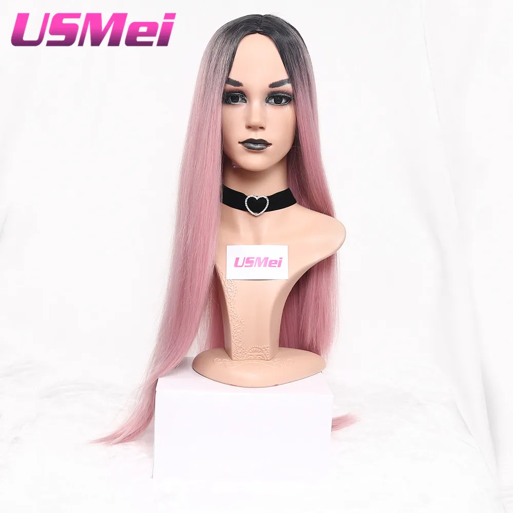 Usmei розовый Ombre синтетический парик Термостойкость волос Искусственные парики для черный американский женский черный розовый два тона Ombre волосы косплей