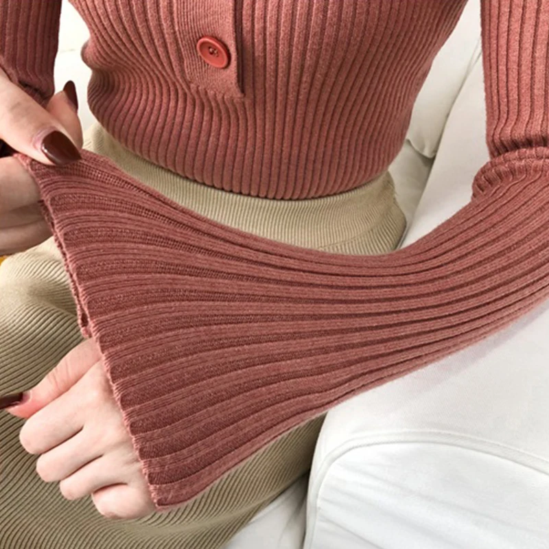 Однобортный женский свитер с длинным рукавом с v-образным вырезом и пуговицами 2019 новый вязаный плотный эластичный пуловер осень зима