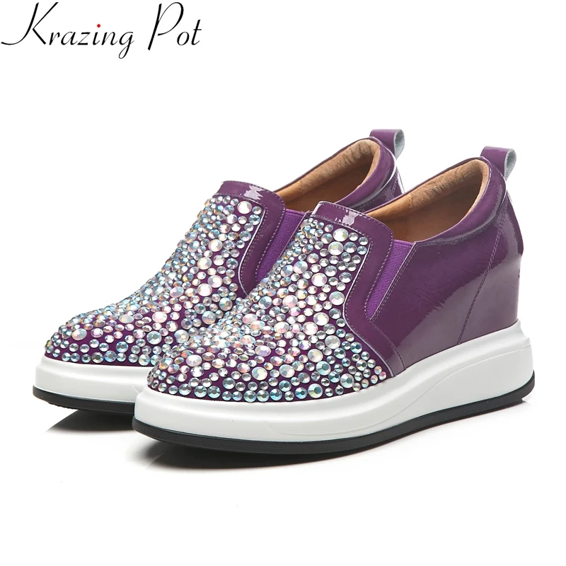 

2019 genuine leather shoes high heels wedges platform round toe crystal sneaker slip on increasing women vulcanized shoes L18