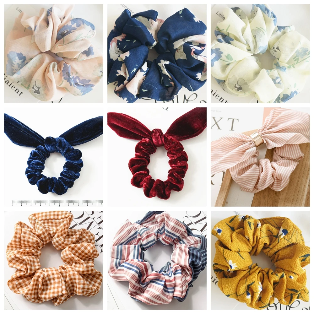 

9pcs/pack 9 colors scrunchies velvet rabbit bunny ear floral scrunchies elastic hair ties for women or girls