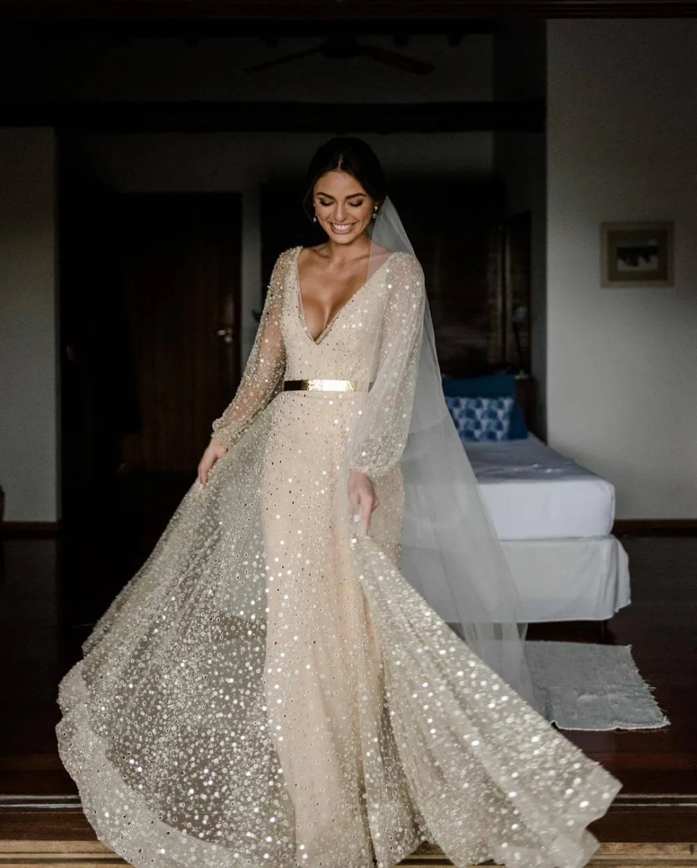 Блестящее свадебное платье трапециевидной формы с длинными рукавами и v-образным вырезом; свадебное с блестками; платья с открытой спиной; Vestido De Novia