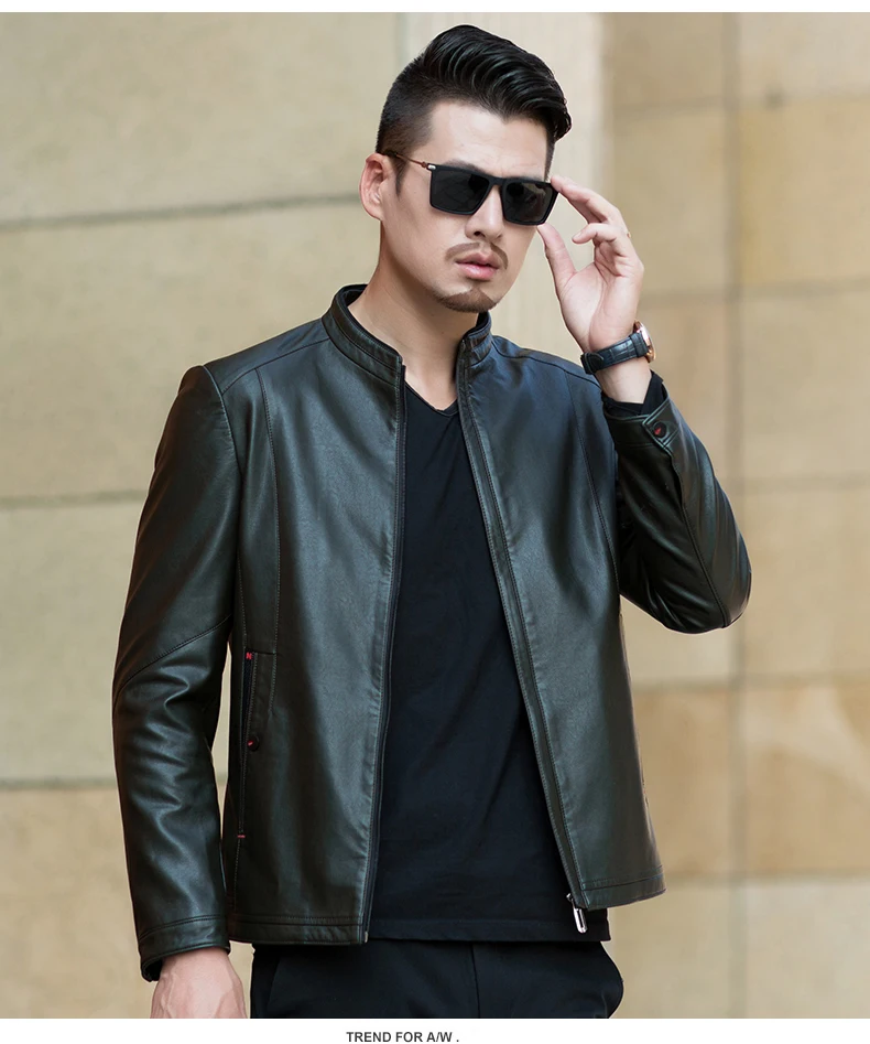 Men Casual Imitation Leather Jackets Stand Collar Zipper Outerwear Black Dark Green Orange Man Faux Leather Coat Motorcycle Bomber Jacket (14)
