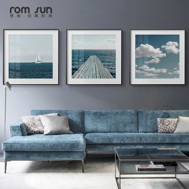 

Nordic Blue Sky Sea Lighthouse Clouds Canvas Painting Posters Print Seascape Wall Art Pictures For Living Room Bedroom HD Modern