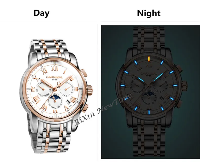 Карнавальные часы для мужчин, швейцарский роскошный бренд, лунная фаза Тритий, светящиеся военные механические мужские часы, полностью стальные часы, relojs