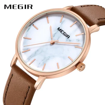 

MEGIR Casual Business Quartz Clock Women Watches Top Brand Luxury Brown Leather Strap Marble Dial Design Ladies Wristwatches