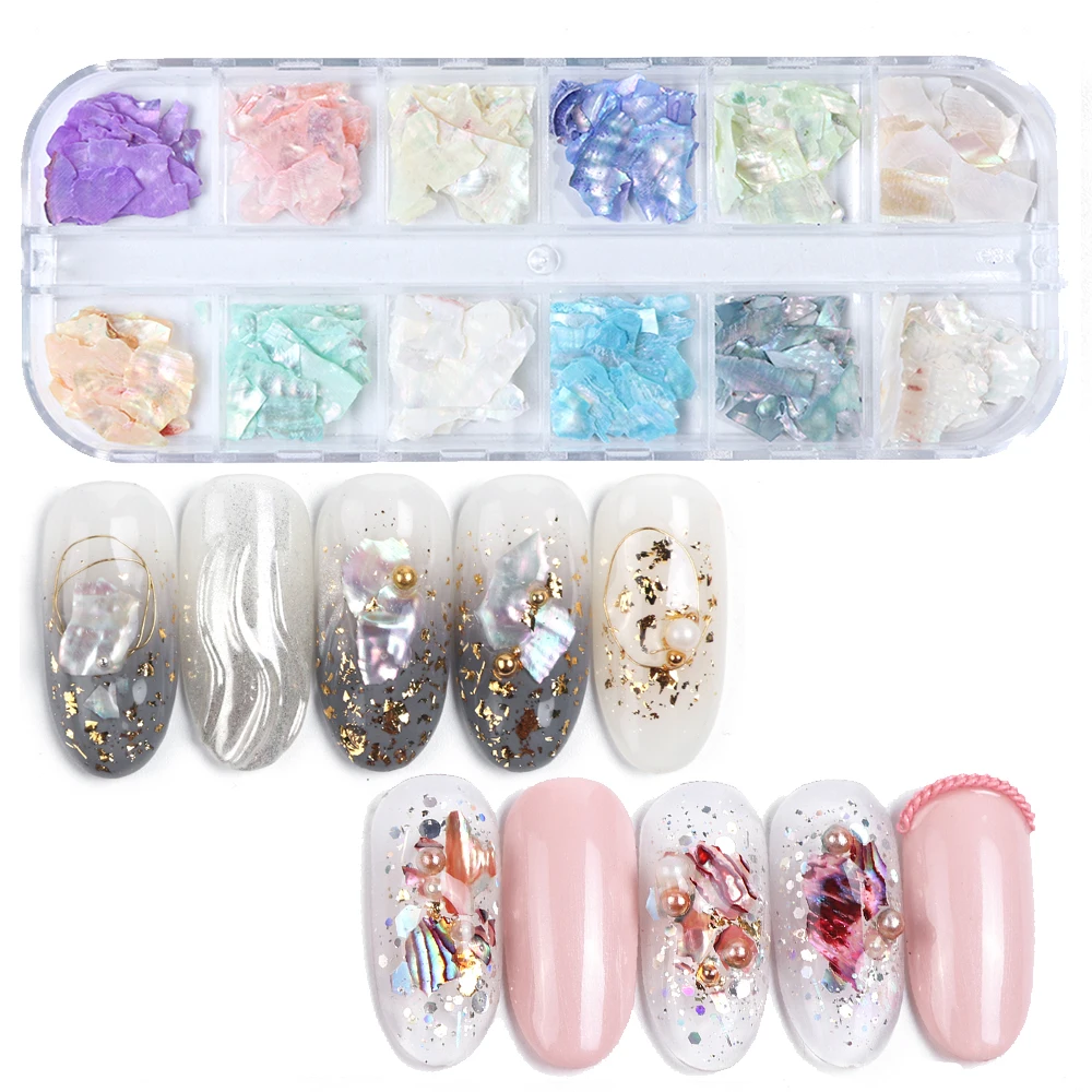 

12 Grids Irregular Mermaid Broken Shell Nail Glitter Sequin Holographic Abalone Slice Flake 3D Manicure Charm Polish Nails Art