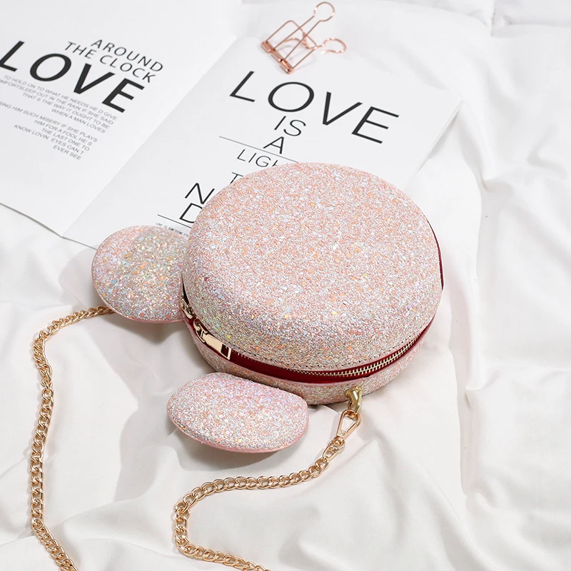 

Sequin Round bag 2019 Summer New Quality Leather Women's Designer Handbag Cute Big Ear Chain Shoulder Messenger bag Bolsos Mujer
