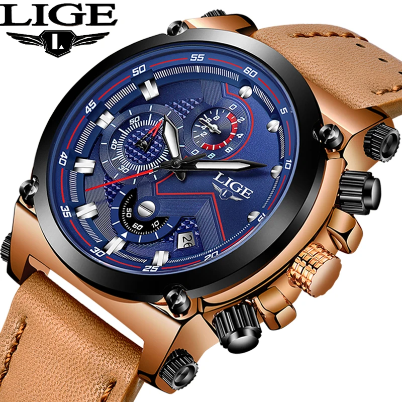 

LIGE Fashion Mens Watches Top Brand Luxury Casual Sport Quartz Watch Men Leather Waterproof Military Wristwatch Relogio Masculio