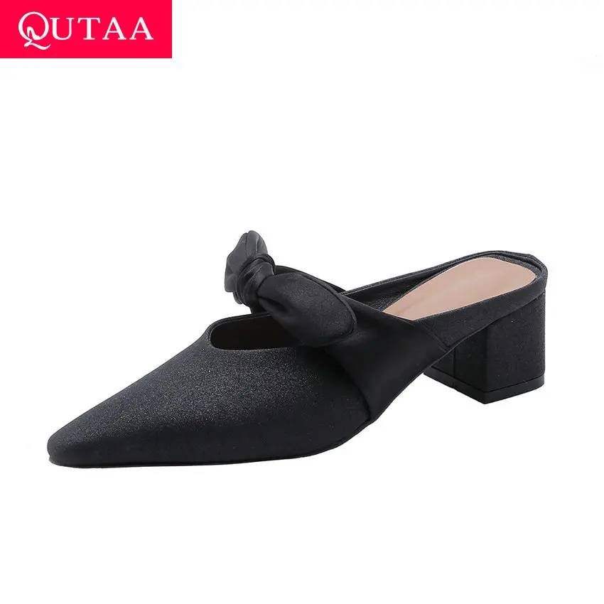 

QUTAA 2019 Women Sandals Square Heel Butterfly-Knot Pointed Toe All Match Cow Leather Slingback Casual Ladies Shoes Size 34-39