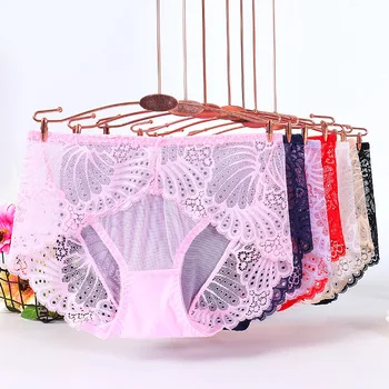 

Gumprun Transparent Panties Seamless Cotton Sexy Underwear Women Floral Lace Briefs Breathable Hollow Out Mid-Waist Lingerie