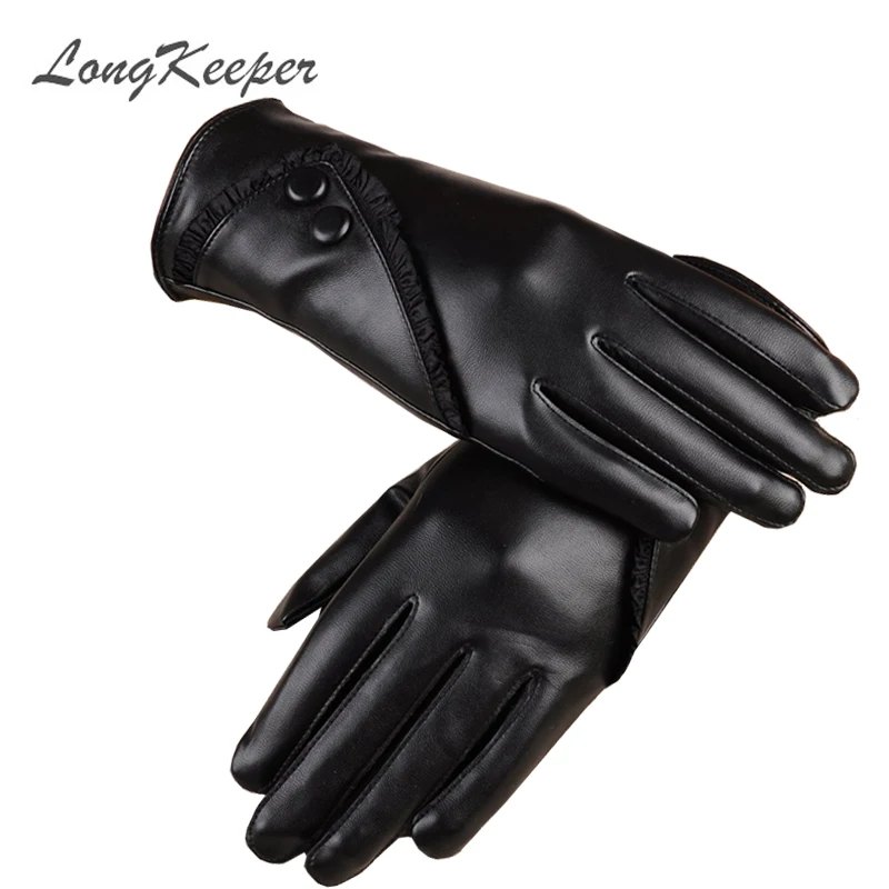 Longkeader Высокое качество кожа Женская мода зима плюс бархат теплые черные перчатки для женщин вождения Сенсорный экран перчатки варежки
