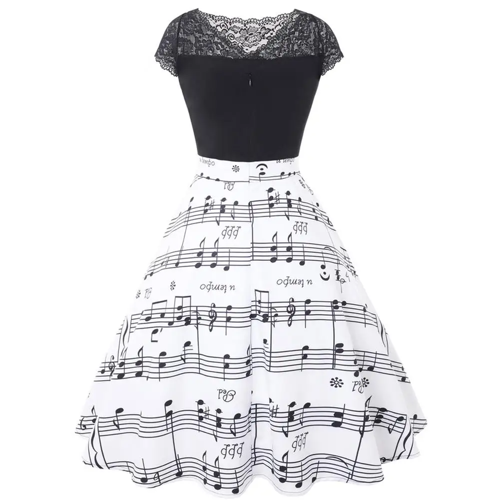 2018 Musical Note Print Women Vintage Retro swing patchwork Dress White ...