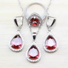 925 Серебряные Элегантные свадебные аксессуары Красный Гранат капли воды ювелирные наборы Висячие серьги и ожерелье кольцо для женщин подарок к костюму
