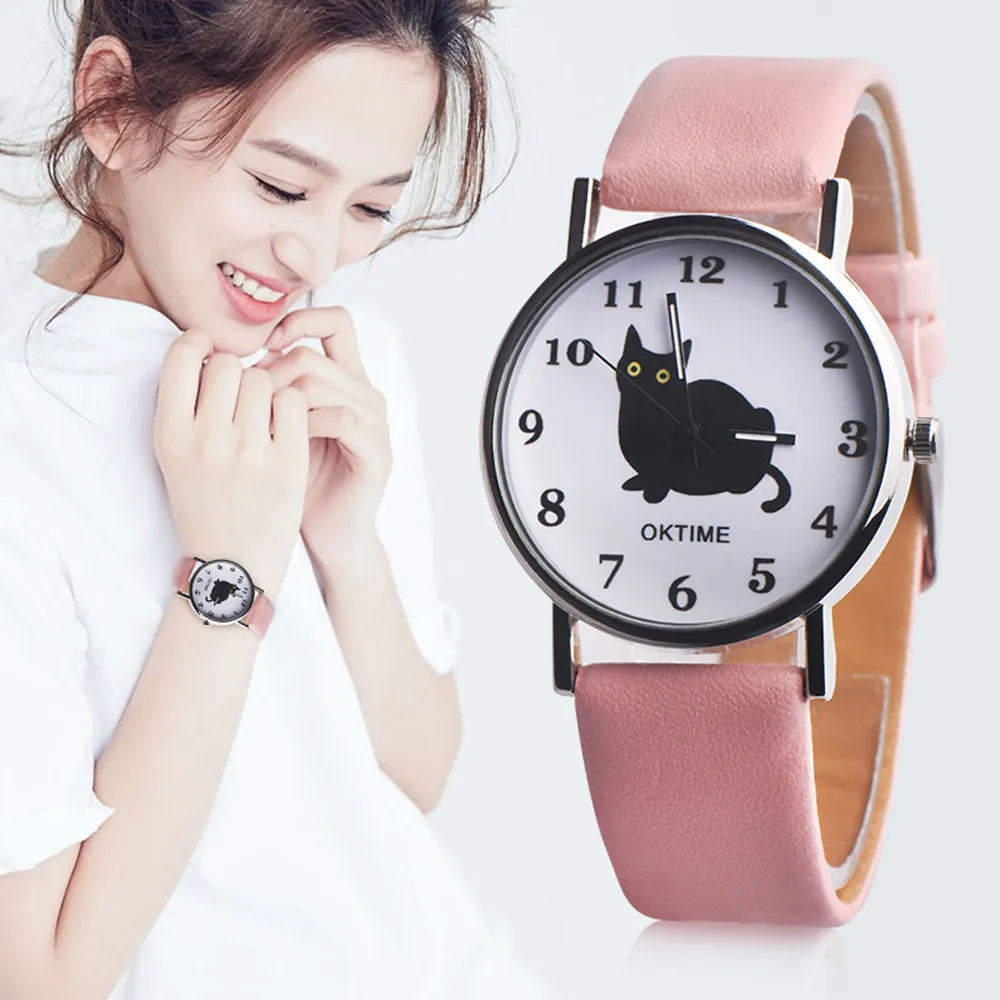 Лидирующий бренд женские часы простые модные милый Кот искусственная кожа Blet аналоговые кварцевые часы повседневное bayan saati horloge dames * L