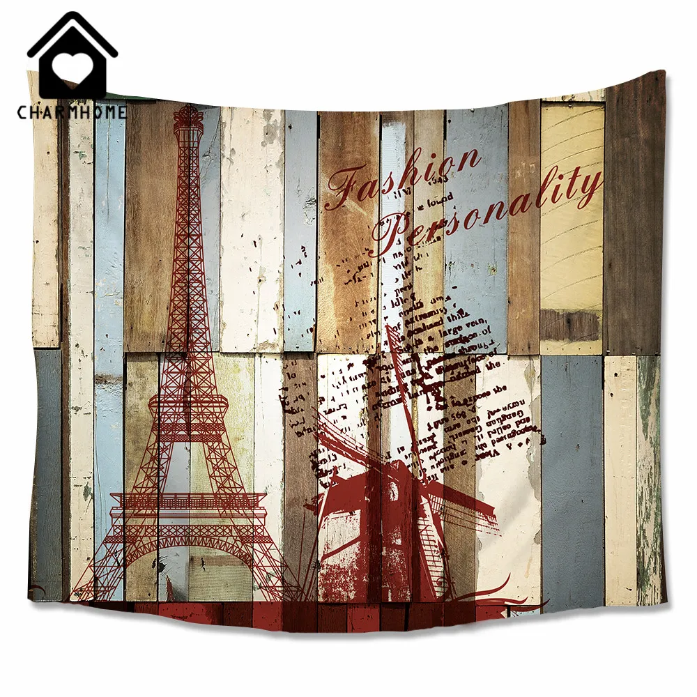 Us 14 9 29 Off Charmhome Paris Eiffel Tower Windmill Rustic Wood Pattern Wall Hanging Tapestry Bedroom Living Room Polyester Fabric Wall Decor In
