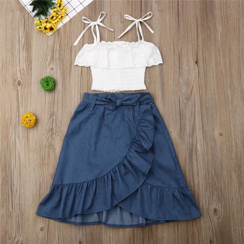 

Children Clothes Pudcoco 2pcs Kid Baby Girl Lace Sling Lace Crop Top+Long Ruffle Denim Skirt New Girl Clothes Set