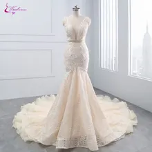 Waulizane, Новое поступление, сексуальные свадебные платья с глубоким v-образным вырезом, Русалка, бисер, кристаллы, пояс, открытая спина, многоуровневые оборки, уникальные кружевные платья