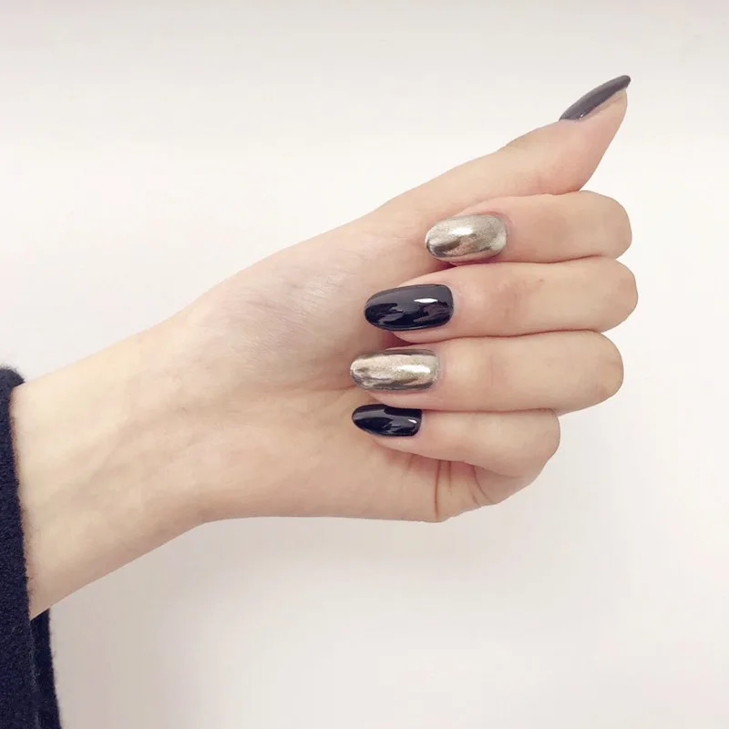 24 шт, металлические накладные ногти в стиле панк, Овальные, обработанные, длинные, полное покрытие, накладные ногти, черные, серебристые, искусственные ногти с клеем, наклейки