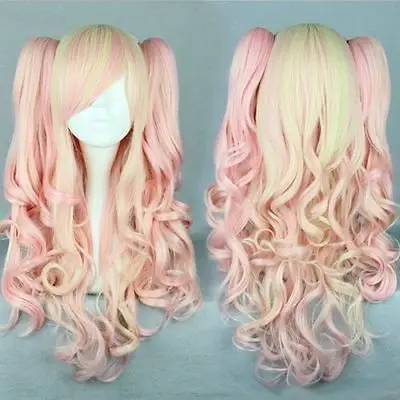 

70cm Long Yellow/Pink Color Curly Clip-In Ponytails Lolita Style Cosplay WigsParty cosplays heat resistant (B0324)