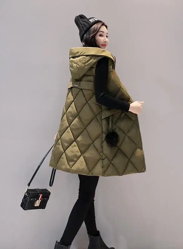 Модное женское пальто с капюшоном, зимний теплый тонкий длинный жилет на молнии, хлопковая куртка, жилет, пальто, женские парки без рукавов