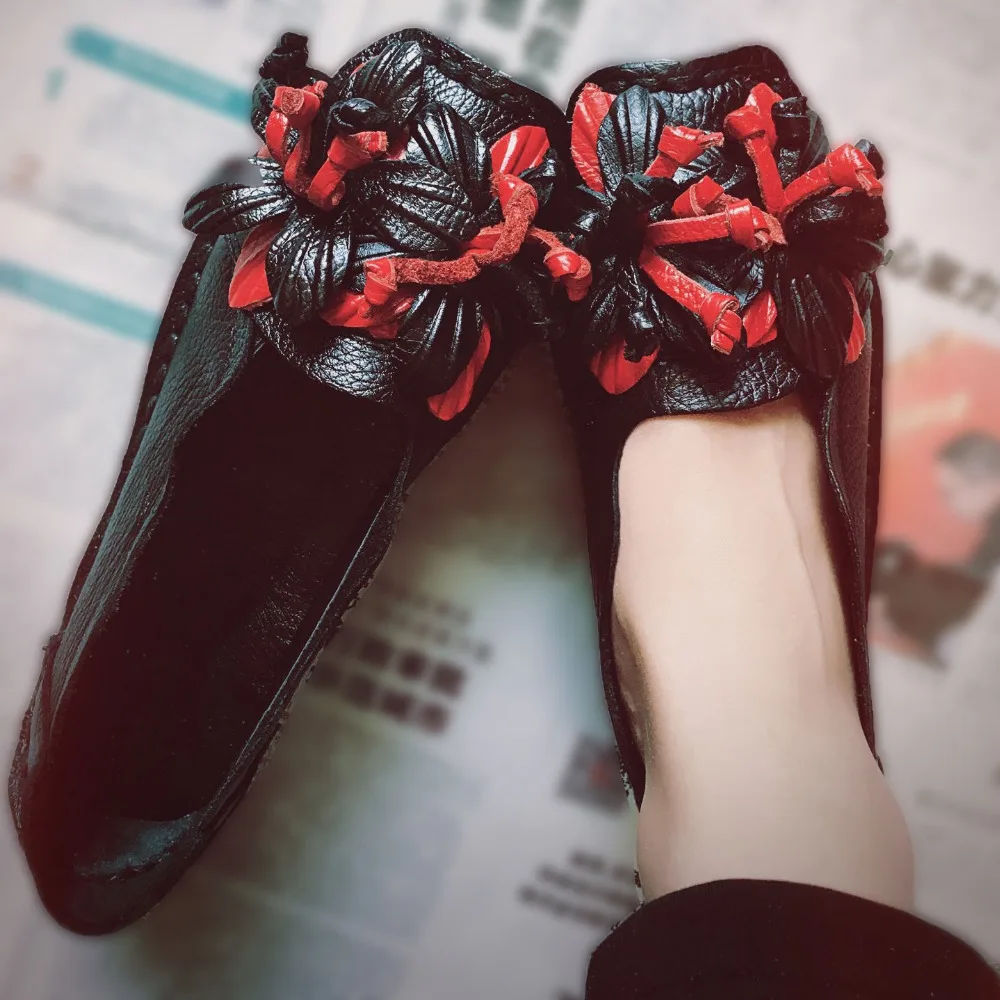 Новая осенняя обувь ручной работы с цветами Женская обувь на мягкой подошве с цветами Повседневные босоножки Стильная женская обувь из натуральной кожи в народном стиле