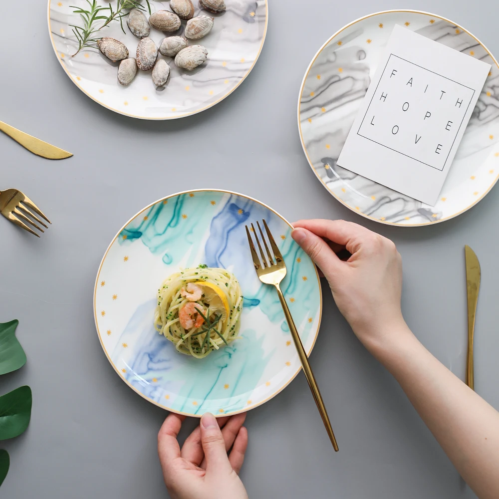 

ceramic dinner plates round 8 inch in-glazed decoration colorful creative home use steak breakfast dishes and plate letter print