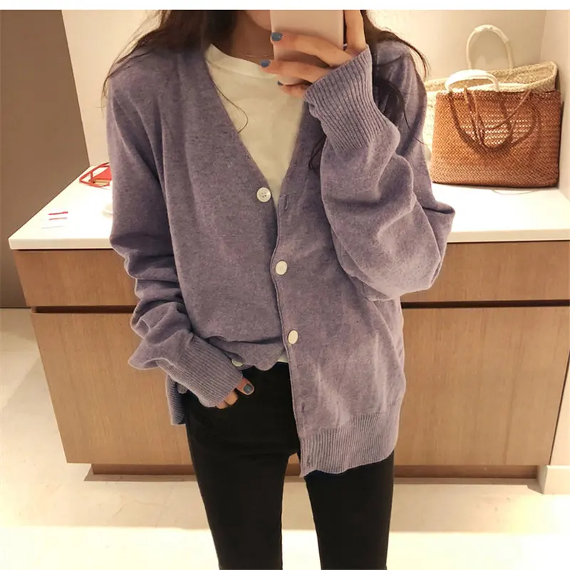 Alien Kitty Hot Preppy Style Taro Purple Fresh Knitted Cardigans All Match V-Neck Full-Sleeved Student Loose Regular Sweaters