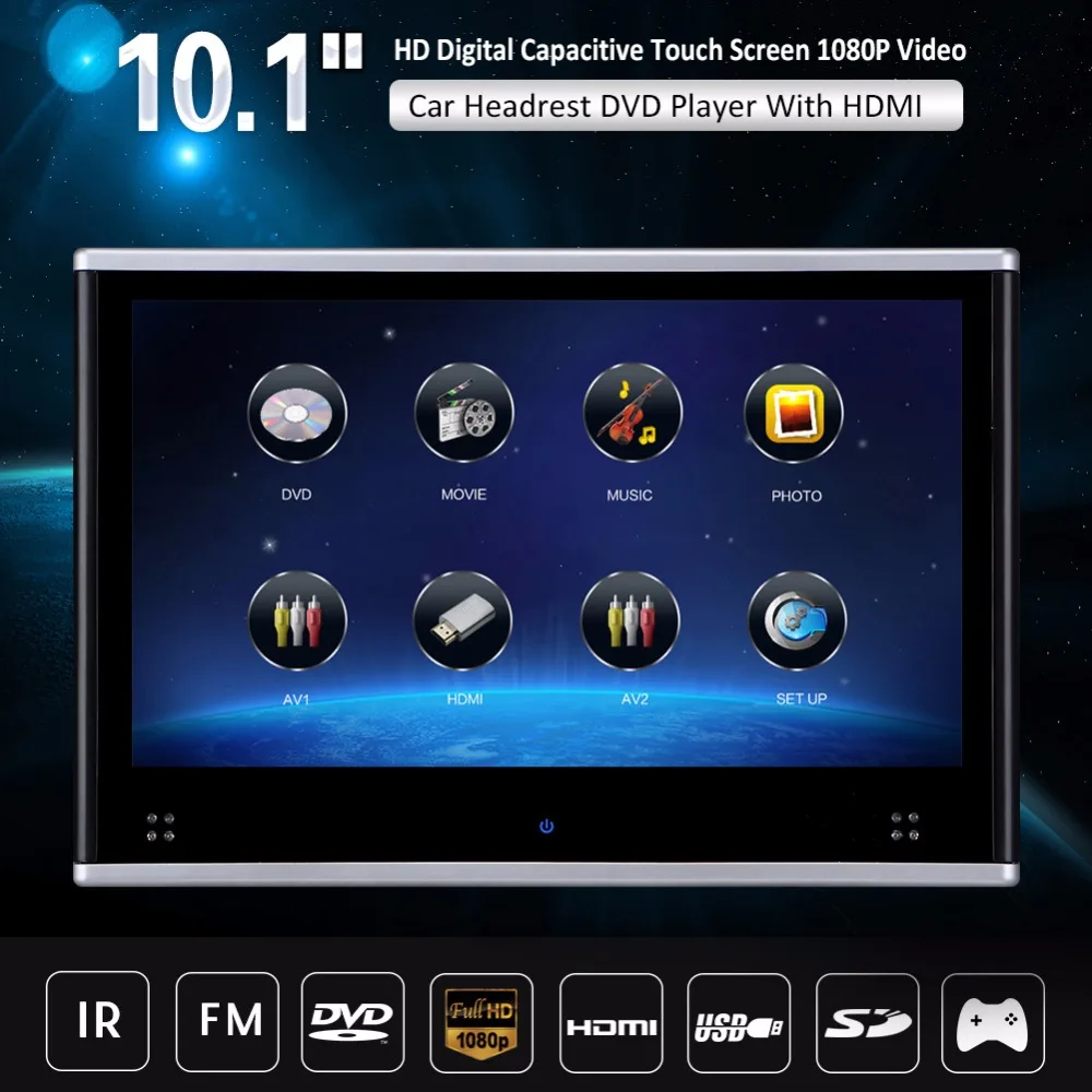 

10.1 inch FHD touch screen headrest DVD with FM/IR/USB/SD/wireless game/HDMI