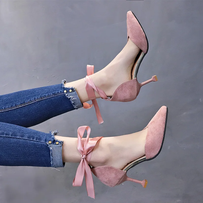 

2019 Summer New Clear heels pointed strap velvet face thin and skinny fashion sandalias Mujer