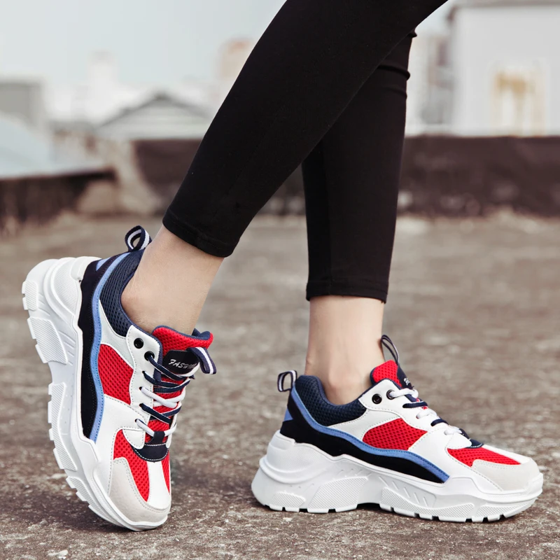 Harajuku/женская спортивная обувь на массивном каблуке; женские спортивные кроссовки; женская обувь для бега; белые туфли для папы на большой подошве; sapato feminino A-241 - Цвет: white-red