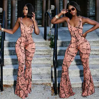 

Women Ladies Clubwear Summer Sleeveless Printed Jumpsuit Romper Flare Long Pants Party One Piece Trousers