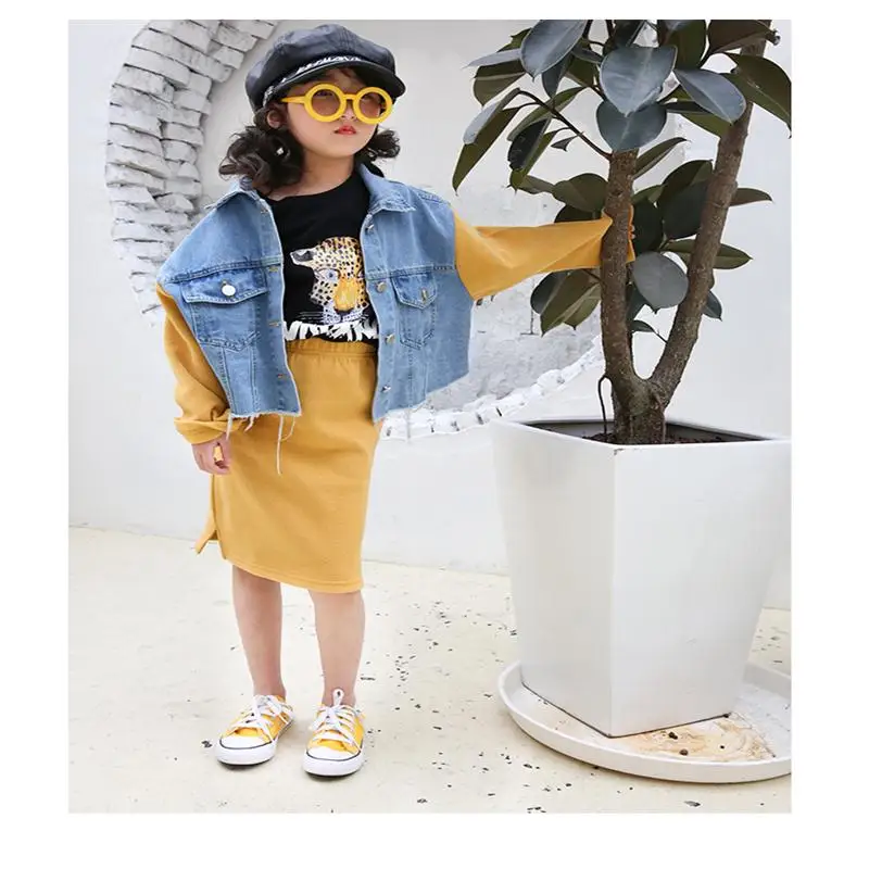 

Baby girl personality trend fashion suit 2019 spring new Korean baby stitching denim jacket skirt children's two-piece skirt