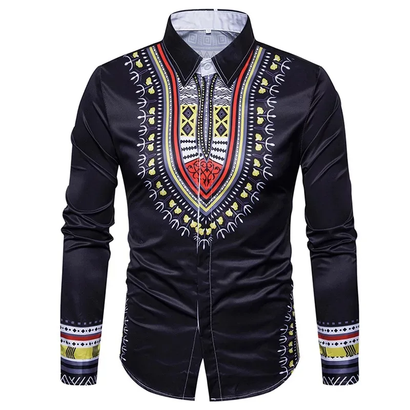5 цветов африканская Мужская традиционная Дашики печатная тонкая одежда черный белый длинный рукав отложной воротник рубашка этнический Топ S-3XL
