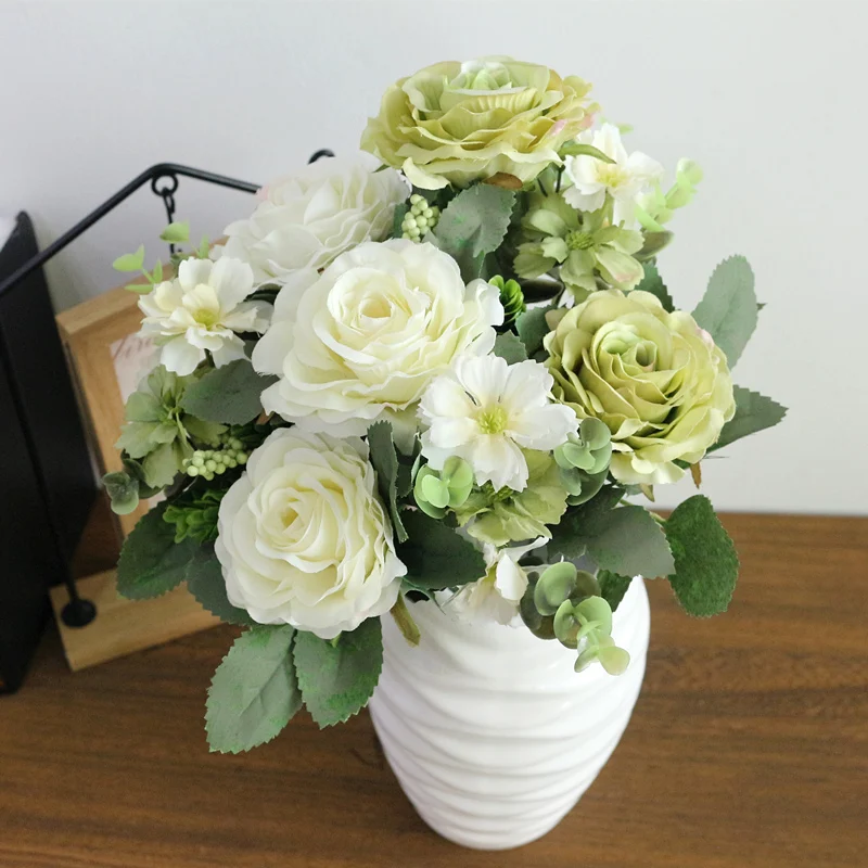 JAROWN Artificial Flowers Silk Plastic Flowers Pinecone Roses Bouquets Flower Bouquet For Wedding Home Party Decoration Decor (4)