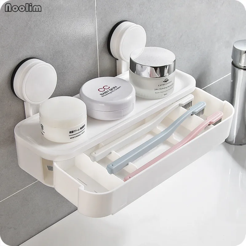 

NOOLIM Kitchen Bathroom Shelf Wall Rack With 2 Suckers Plastic Toothbrush Organizer Holder With Suction Cups Lotion Storage