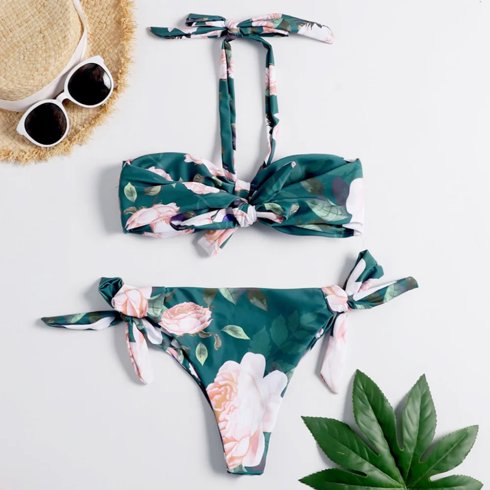 2019 Woman hanging neck green leaf print sexy split bikini suit swimsuit beach sports swimsuit push up mujer brasile 40M29 (3)