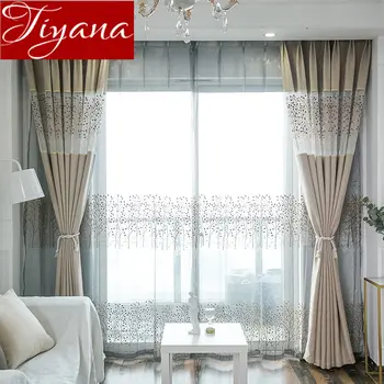 

Stitching Tree Curtain Beige for Living Room Luxury Rustic Drape Sheer Fabric Kitchen Blinds Custom Made X581#30