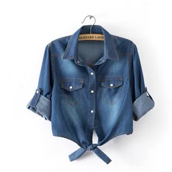 

womens tops and blouses Summer Women Casual Cropped sleeves Shirt female Denim Shirts women's Fashion Short Blouse Girls Top