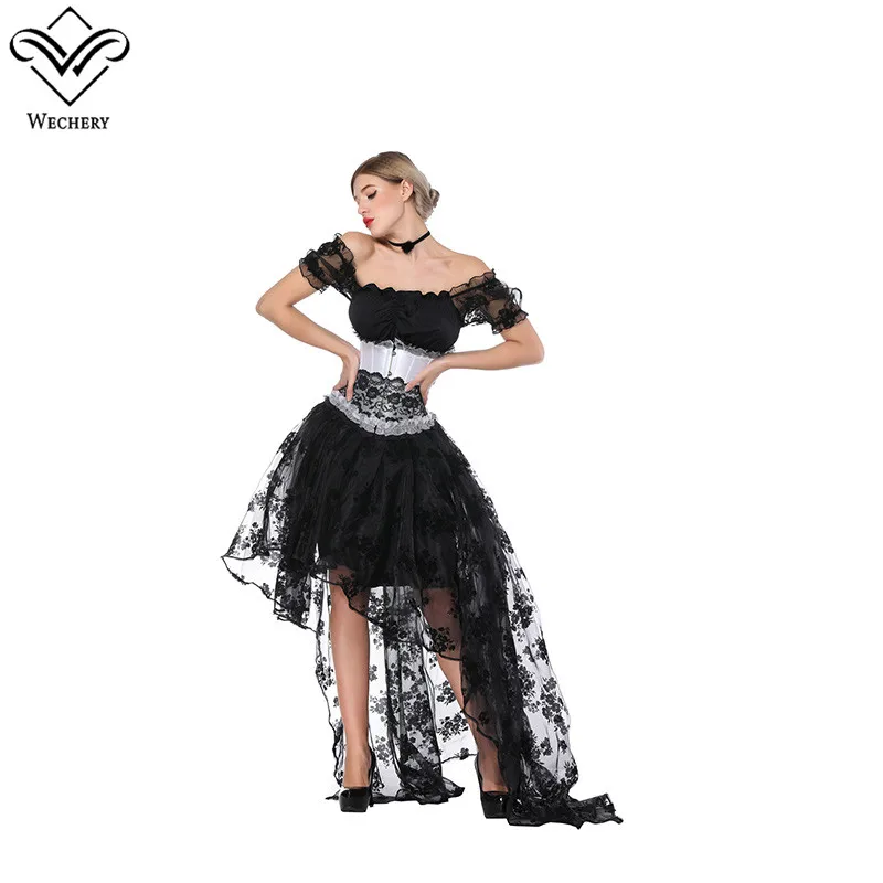 Corset Elástico Negro Sexy Victorian De Falda Manga Corta Faldas Traje Y Encaje Floral Tops Lace Conjunto Witchery Up vq8Zw