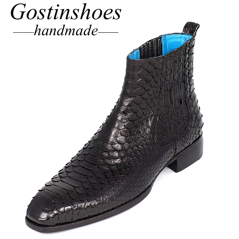 

GOSTINSHOES HANDMADE Goodyear Welted Luxury Men Shoes Black Genuine Snakeskin Mens Boots Work Safty Ankle Boots Slip-On SCF30