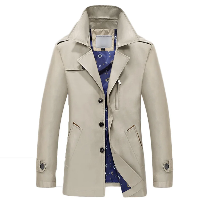 2017 Mens Fashion Trench Coat Cotton Turn Down Collar Long
