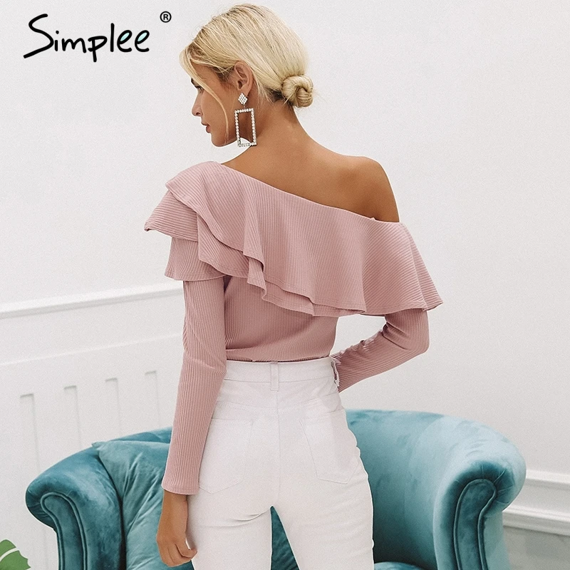 Simplee One shoulder ruffles blouse shirt women Sexy slim long sleeve tops Knitted casual cotton blusas new fashion women autumn