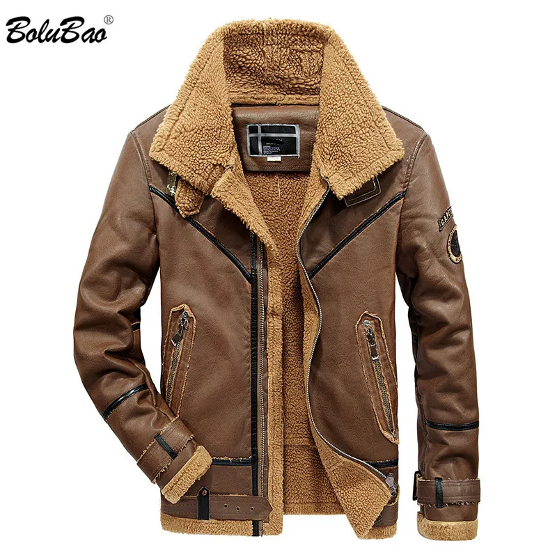 

BOLUBAO Brand Men Winter Jacket 2019 Motorcycle Style Lined Fleece Turndown Leather Jacket Solid Color Male Warm Jackets