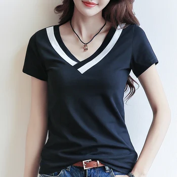 

2020 Summer Korean version of the V-neck solid color short-sleeved T-shirt women's bottoming Slim summer shirt