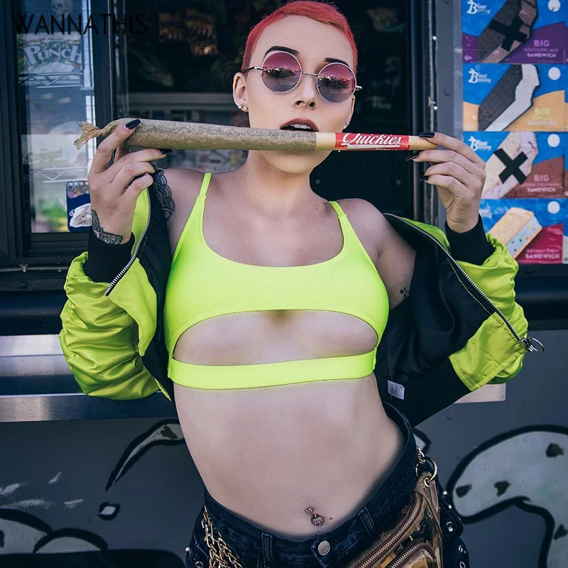 

WannaThis Backless Hollow Out Sexy Crop Tops Women Neon Green Summer Bandage Streetwear Camisole Solid Sleeveless Female Top